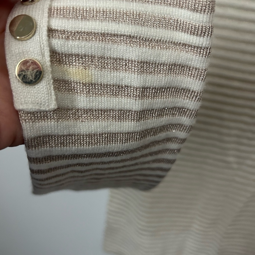 White House Black Market Cream & Gold Striped Sweater buttons on sleeve S flaws - Picture 4 of 5